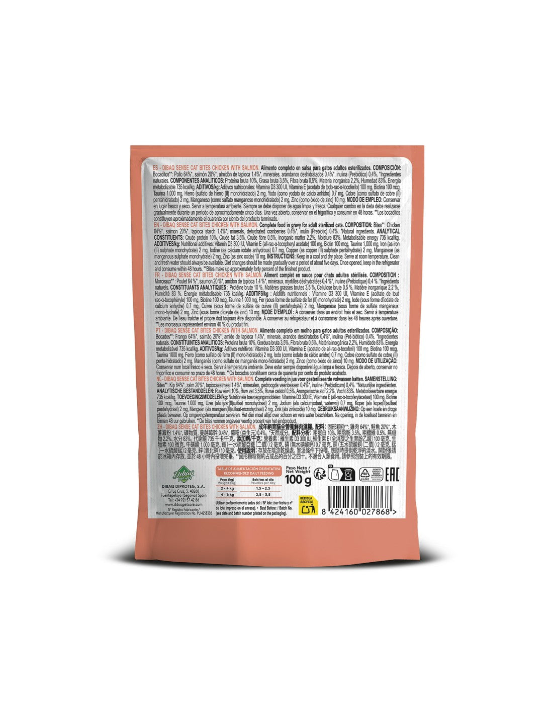 Alimento Húmedo Gato Dibaq Sense Bocaditos en Salsa Pollo con Salmón 100g