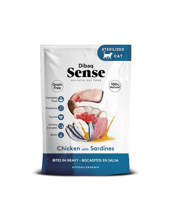 Alimento Húmedo Gato Dibaq Sense Bocaditos en Salsa Pollo con Sardinas 100g
